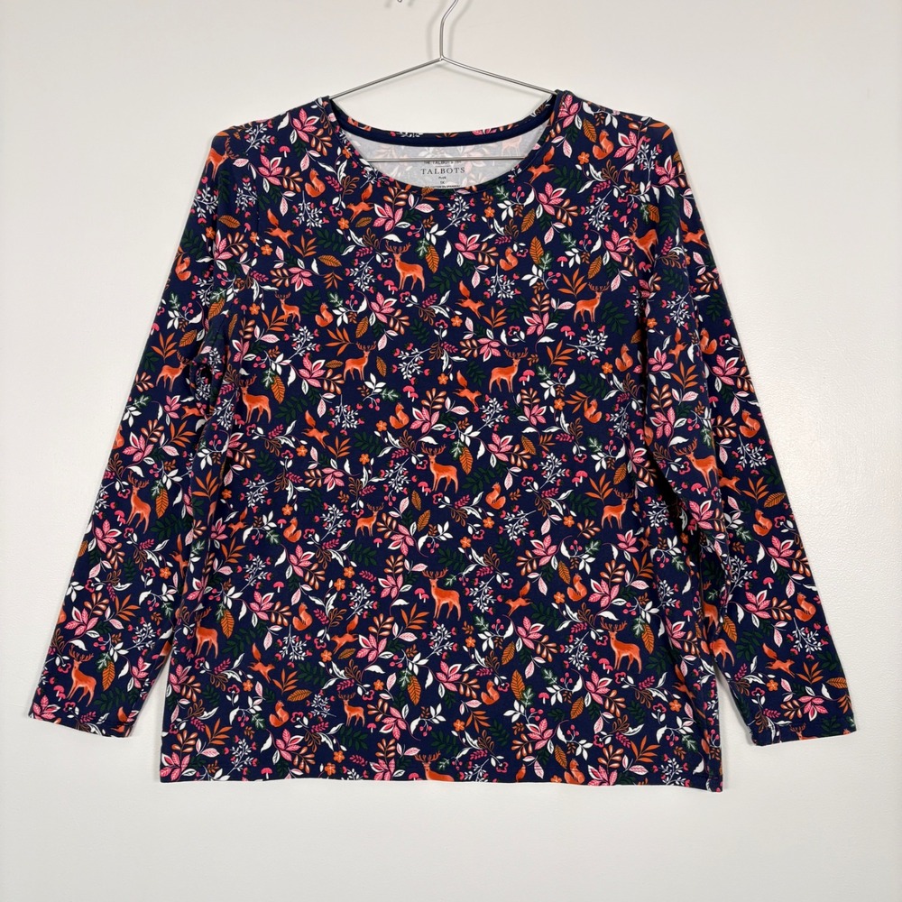 Talbots Womens Long Sleeve Tee 1X Navy Blue Woodland Deer Squirrel Forest Print